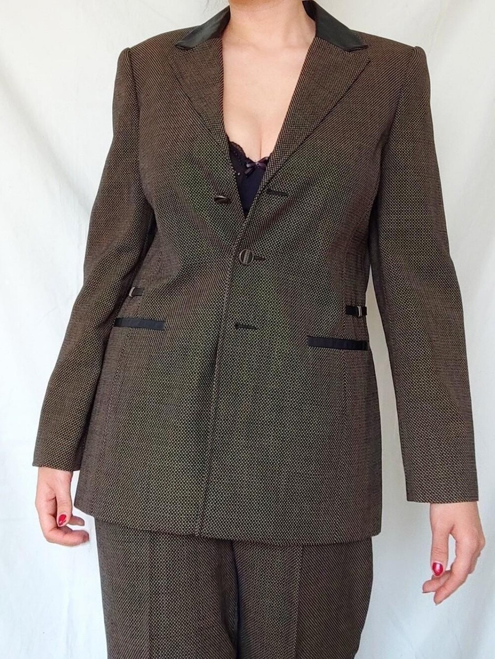 Conrad C Collection Brown 90s Tailored Blazer with Leather Detail